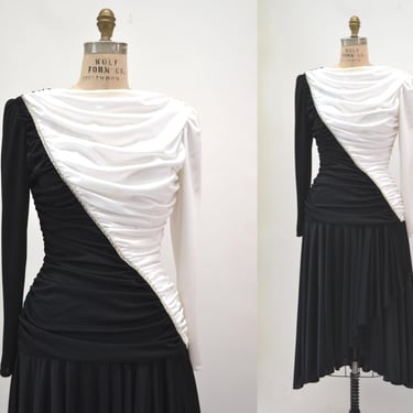 80s 90s Vintage Knit Black White Color Blocked Draped Dress size Small Medium Rhinestones // 80s Black Disco Dress Party Size Small Medium 