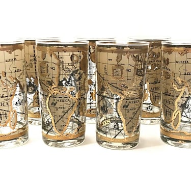 Vtg Cera glass world map glasses. 4 Tall cocktail glasses for highballs and icy summer drinks. Mid-Century glassware for Nautical Bar Decor 