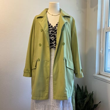 Vintage Avocado Green Double Button Lightweight Spring Trench Coat Size Small 