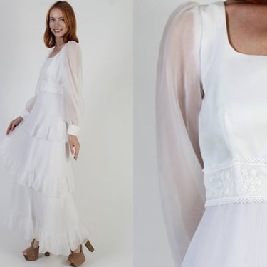 Lorrie Deb 60s Designer Wedding Dress / Sheer White Chiffon Maxi / Vintage Romantic Ruffle Bridal Gown 