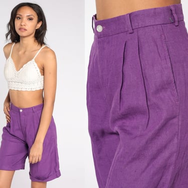 90s Linen Shorts Purple Pleated Trouser Shorts Retro Wide Leg Shorts Baggy High Waisted Bermuda Shorts Summer Basic Vintage 1990s Small S 4 