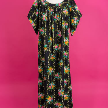 Vintage 80s Neon Floral Black Cotton Kaftan Mumu House Dress 