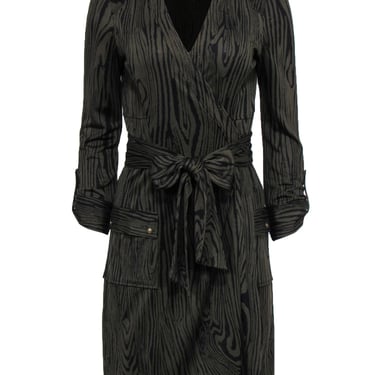 Diane von Furstenberg - Olive Wood Grain Print Silk Midi Wrap Dress Sz 8