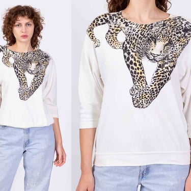 80s Leopard Print Batwing Shirt - Large to XL | Vintage White 3/4 Sleeve Big Cat Graphic Animal Top 