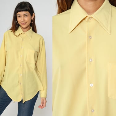 Yellow Button Up Shirt 70s Pointed Dagger Collar Top Long Sleeve Retro Disco Shirt Collared Plain Pocket Vintage 1970s Men's 16 32 Large 