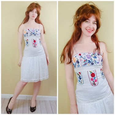 Y2K Vintage Sue Wong Linen Floral Embroidered Dress / White / Rainbow Folk Drop Wist Sundress / Small 