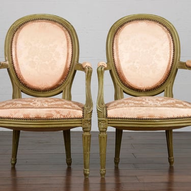 Antique French Provincial Louis XVI Style Painted Green Armchairs - a Pair 