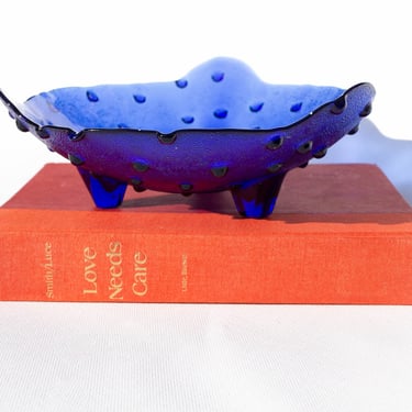 Small Hobnail Spike Cobalt Blue 3 Footed Textured and Shaped Decorative Bowl, Vintage Glassware 
