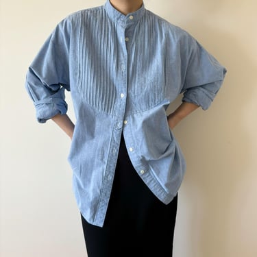 vintage denim blouse button down shirt vintage top pleated blue minimalist 90s retro vintage style oversize boyfriend style size L/XL 