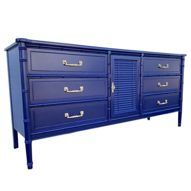 Faux Bamboo Dresser by Henry Link Bali Hai Painted Navy Blue with 9 Drawers & Shutter Door - 70" Vintage Hollywood Regency Coastal Credenza 