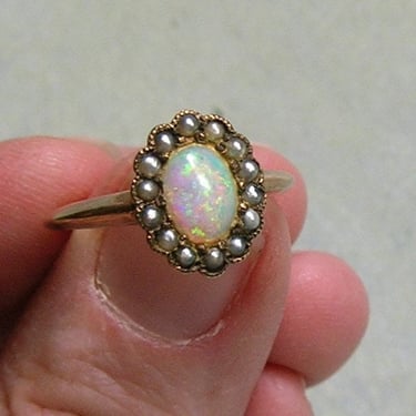 Antique Victorian 14K Gold, Opal and Seed Pearl Halo Ring, Old Victorian Ring With Half Pearls and Opal, Size 6.25 (#4445) 