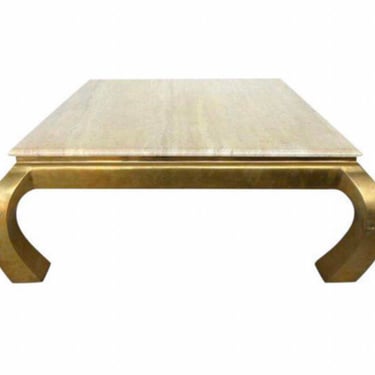 Vintage 1960s Mid Century Modern Karl Springer Travertine + Brass Table 