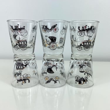 Vintage Libbey Curio Horse & Buggy, Antique Car Cocktail Glasses Set Of 6, Transportation, Automobile, Old Fashion cocktail glass, man cave 