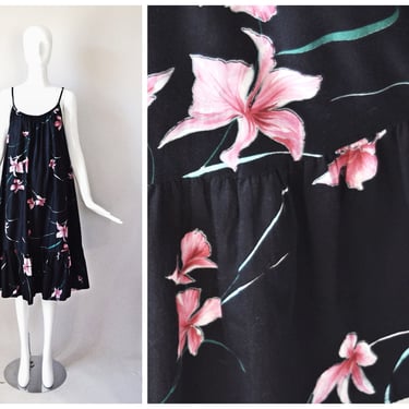 vtg 1980s Hawaiian Hibiscus Floral Print Sleeveless Prairie Style dress | Black Pink1970s 70s | Pinup Summer Tropical Evening tiki luau 