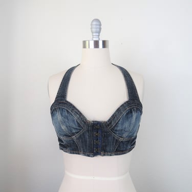 Vintage 1990s, Y2K denim bustier, bra top, Guess, halter, size large 