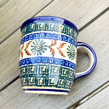 Vintage Made in Poland Pottery Coffee Mug, Polish Cobalt Blue Green Flower Swirl Pattern Lidia Krol Unikat by LeChalet