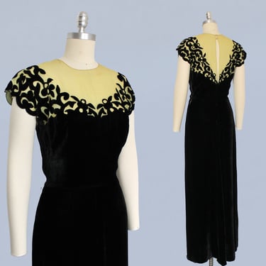 1940s Dress / 40s Black Velvet and Chartreuse Net Evening Gown 