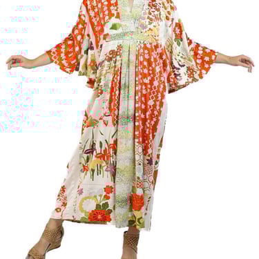 Morphew Collection Orange, White  Green Japanese Kimono Silk Kaftan 