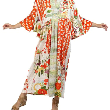 Morphew Collection Orange, White  Green Japanese Kimono Silk Kaftan 