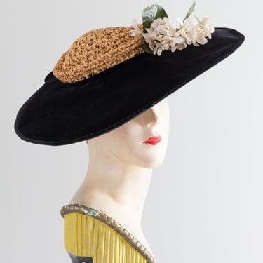 Fabulous 1950's Black Velvet &amp; Straw Cartwheel Hat by Mabel Ellsworth