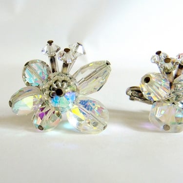 Vintage Vendome Earrings AB Aurora Borealis, Crystal, Clear, Cluster - Signed, Faceted, Clip, Bridal Wedding, Mid Century, Hollywood Regency 