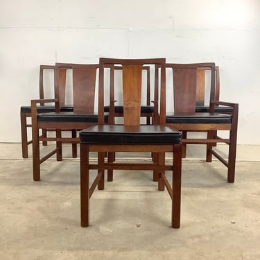 Mid-Century Dark Walnut Dining Chairs With Black Seats - Set of Six 
