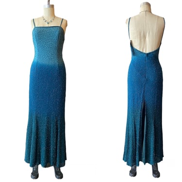 1990s beaded backless gown, vintage slip dress, ombre' teal silk, small medium, y2k fashion, laurence kazar, 90s mermaid formal, 