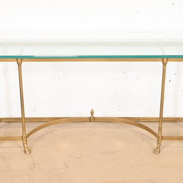 Labarge Hollywood Regency Brass and Glass Hooved Feet Console Table, Circa 1960s