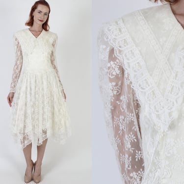 Asym Hem ivory Gunne Sax Dress / Jessica McClintock Romantic Floral Lace Gown / Deco Bridal Party Capelet Collar 