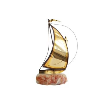 Vintage Brass Sailboat Sculpture / Hand Made Nautical Decor / 1970s Metal Boat Figurine on Onyx Base / Retro Beach Decor Sailor Boater Gift 