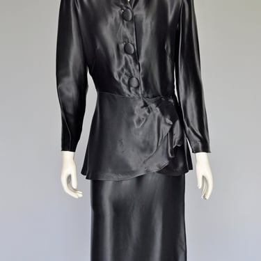 1940s femme fatale black satin skirt set M 