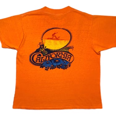 Vintage 70s California Surfing Double Sided Art Style Pocket T-Shirt Size Large 