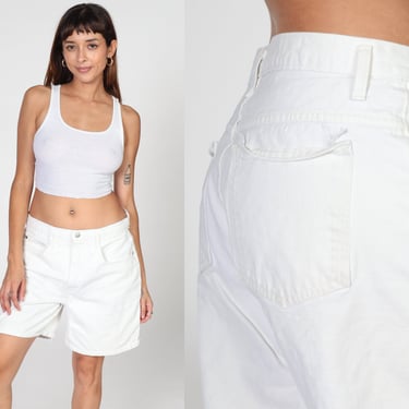 White Jean Shorts Y2K High Waisted Denim Shorts Basic High Rise Retro Minimalist Plain Summer Mid Knee Length Bermuda Vintage 00s Large L 33 