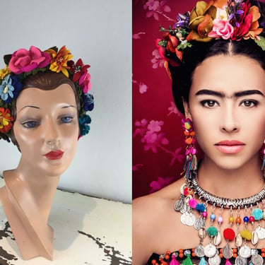 Festival de México - Vintage 1960s Multi-Colour Felt Cut Flower Crochet Weave Turban Hat 