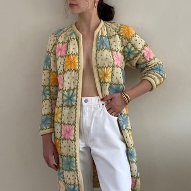 60s hand embroidered cardigan sweater / vintage white wool multicolored handknit granny square cardigan duster sweater | S M 