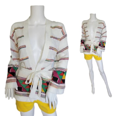 Organically Grown 1970's White Stripe Geometric Print Cardigan Wrap Sweater I Sz Med I By Arpeja 