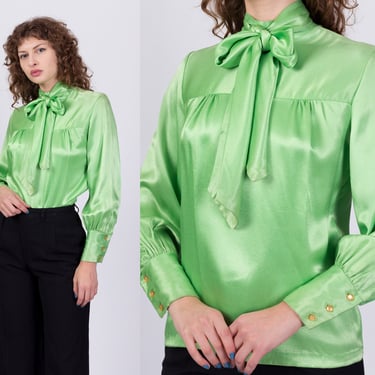 70s Green Satin Pussy Bow Blouse - Small | Vintage Long Sleeve Ascot Tie Top 