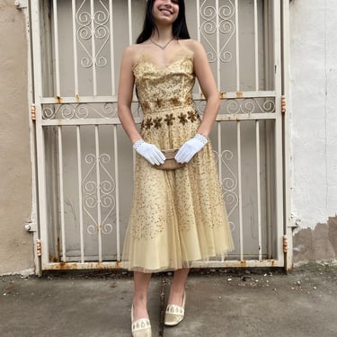 1950s Gold Sequin Tea Legnth Gown