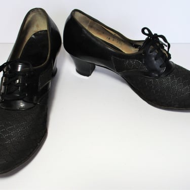Vintage 1940s Dr. Locke Shoes Mesh Oxford Booties, 8 M Women, black mesh, chunky heel, lace up 