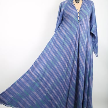 70s Vintage Blue Caftan Maxi Dress with Gold Metallic Thread Hippie Hippy Boho Bohemian Woodstock 