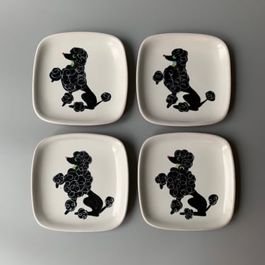 Mid Century Glidden Pottery Chi Chi Black Poodle Bread Appetizer Plates, Set of 4 
