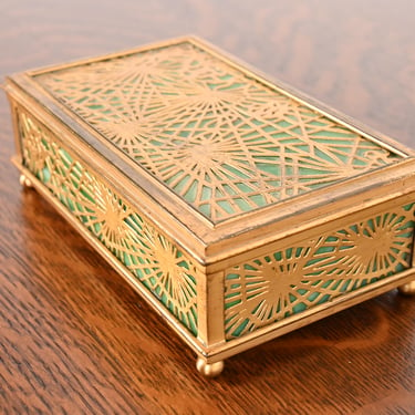 Tiffany Studios New York Pine Needle Pattern Bronze Doré and Slag Glass Box