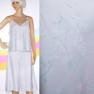 Vintage 1980s White Pastel Floral Slip Set | Camisole and Half Slip | Large / XL | 16 