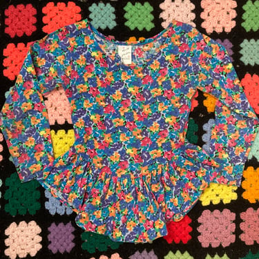 Vintage 80s/90s Kids Floral Long Sleeve V Shape Ruffle Hem Tshirt Made In USA Size 8 