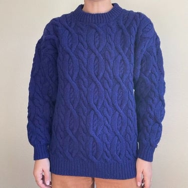 Vintage 90s Marsh Landing Hand Knit Cobalt Blue Wool Fisherman Chunky Sweater 
