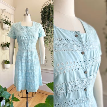 Vintage 1950s Shirtwaist Dress | 50s Blue Eyelet Lace Cotton Fit and Flare Rhinestone Button Up Summer Day Dress (medium) 