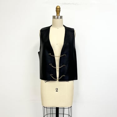 Vintage 1970s Black Vinyl Vest with Gold Chain Closure | Womens Size Medium to Large 