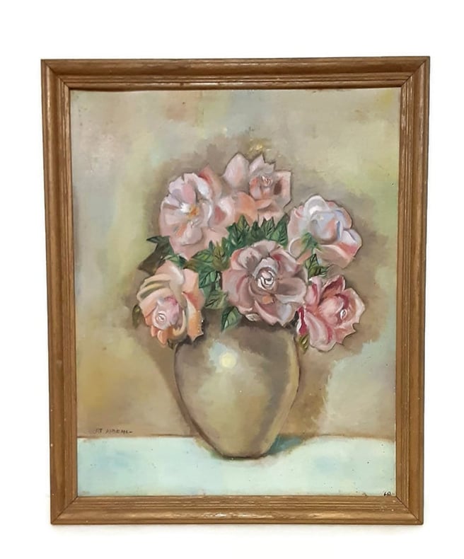 Vintage Pink Rose In Vase Still Life Painting