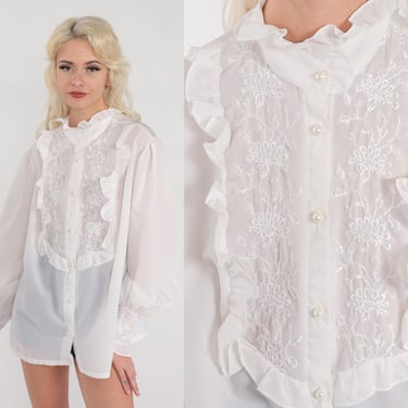 Victorian Blouse 70s Semi-Sheer White Button Up Top Floral Embroidered Ruffled Bib High Neck Retro Romantic Feminine Vintage 1970s Large L 