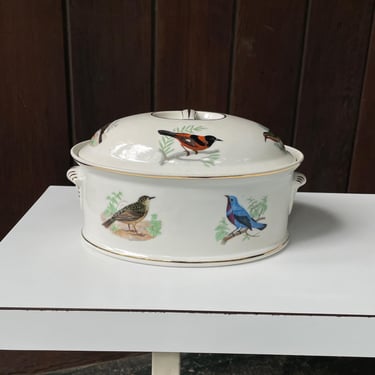 1950s Vintage Louis Lourioux Covered Casserole Dish 2 Quart Birds LOL4 Le Faune Made France French Porcelain 